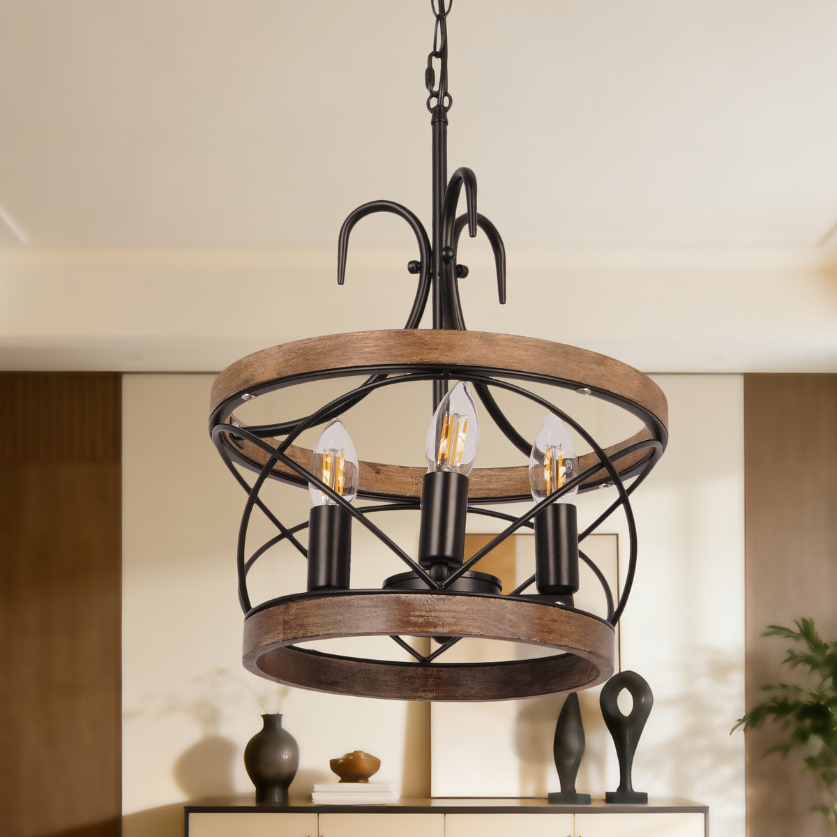Rustic Farmhouse Wood Metal Chandelier | 3-Light E12 Adjustable Pendant Light