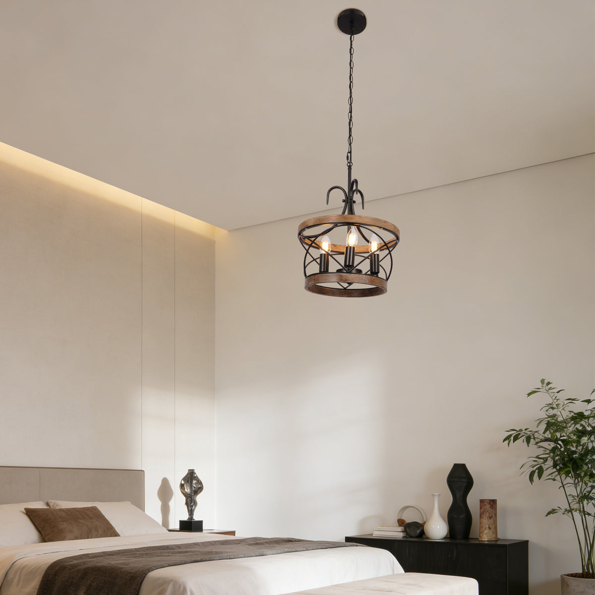 Rustic Farmhouse Wood Metal Chandelier | 3-Light E12 Adjustable Pendant Light
