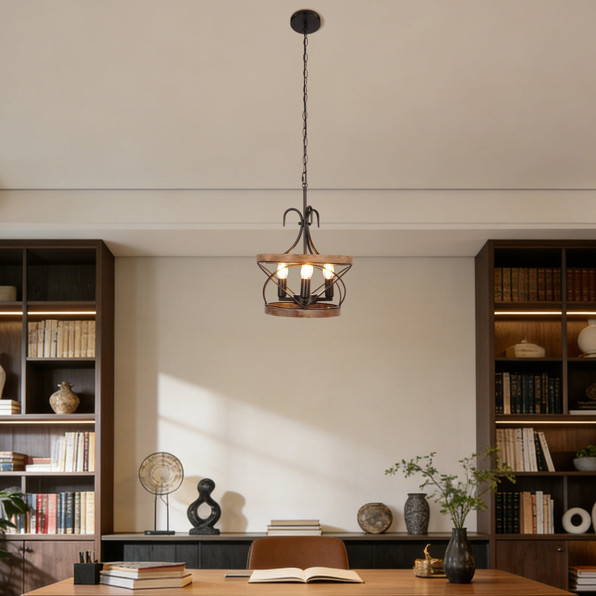 Rustic Farmhouse Wood Metal Chandelier | 3-Light E12 Adjustable Pendant Light