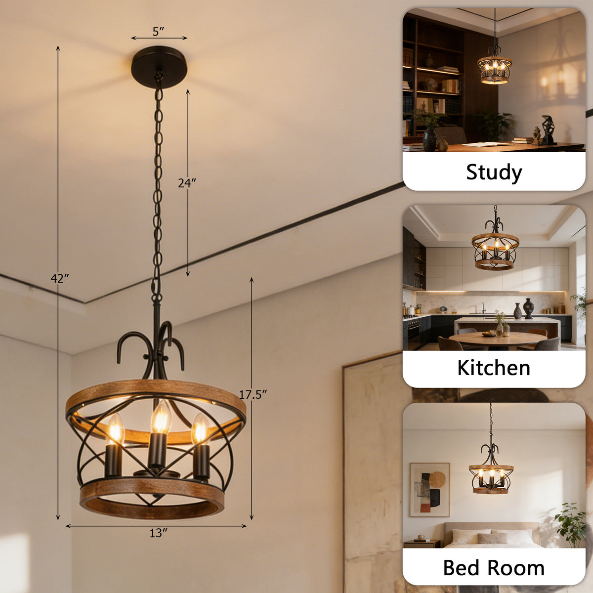 Rustic Farmhouse Wood Metal Chandelier | 3-Light E12 Adjustable Pendant Light