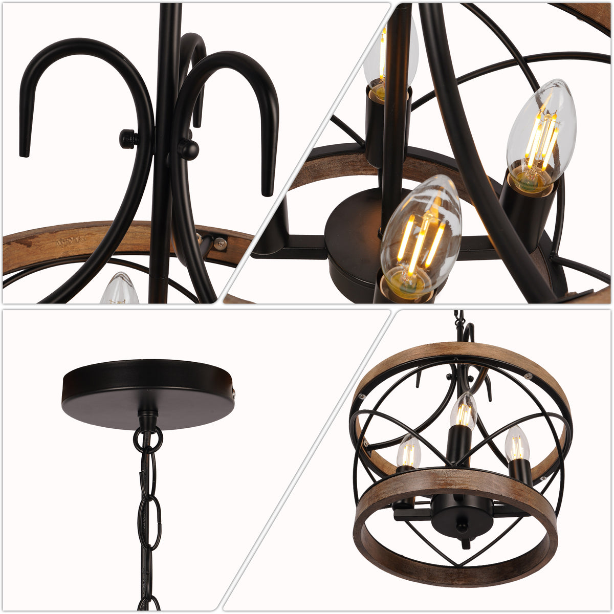 Rustic Farmhouse Wood Metal Chandelier | 3-Light E12 Adjustable Pendant Light