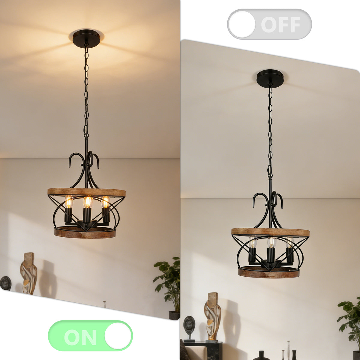 Rustic Farmhouse Wood Metal Chandelier | 3-Light E12 Adjustable Pendant Light