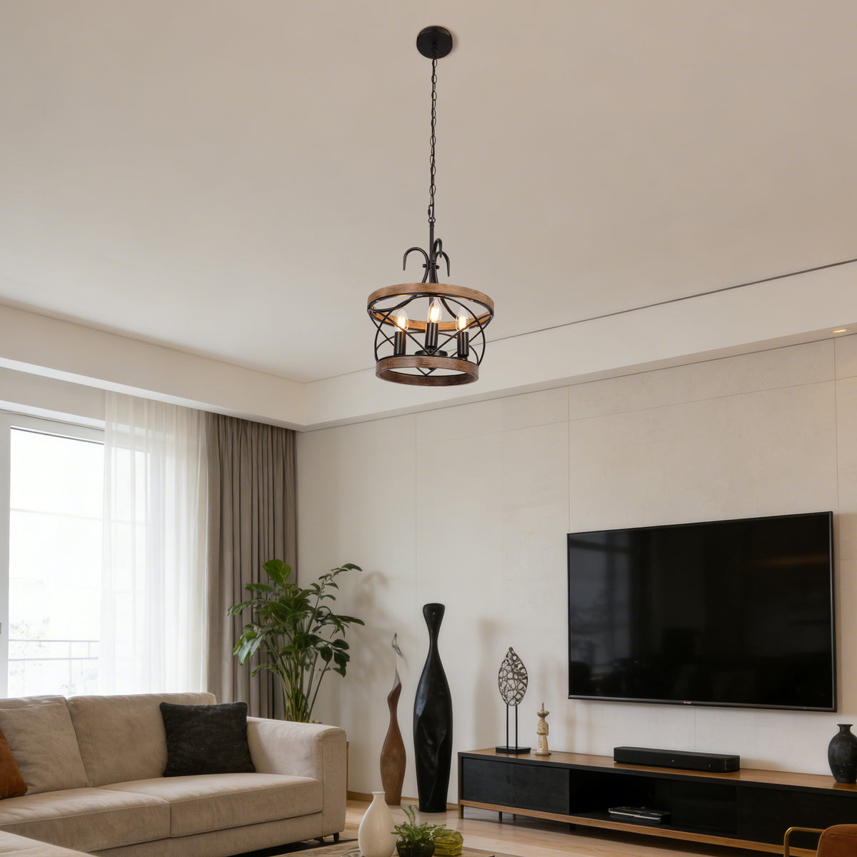Rustic Farmhouse Wood Metal Chandelier | 3-Light E12 Adjustable Pendant Light