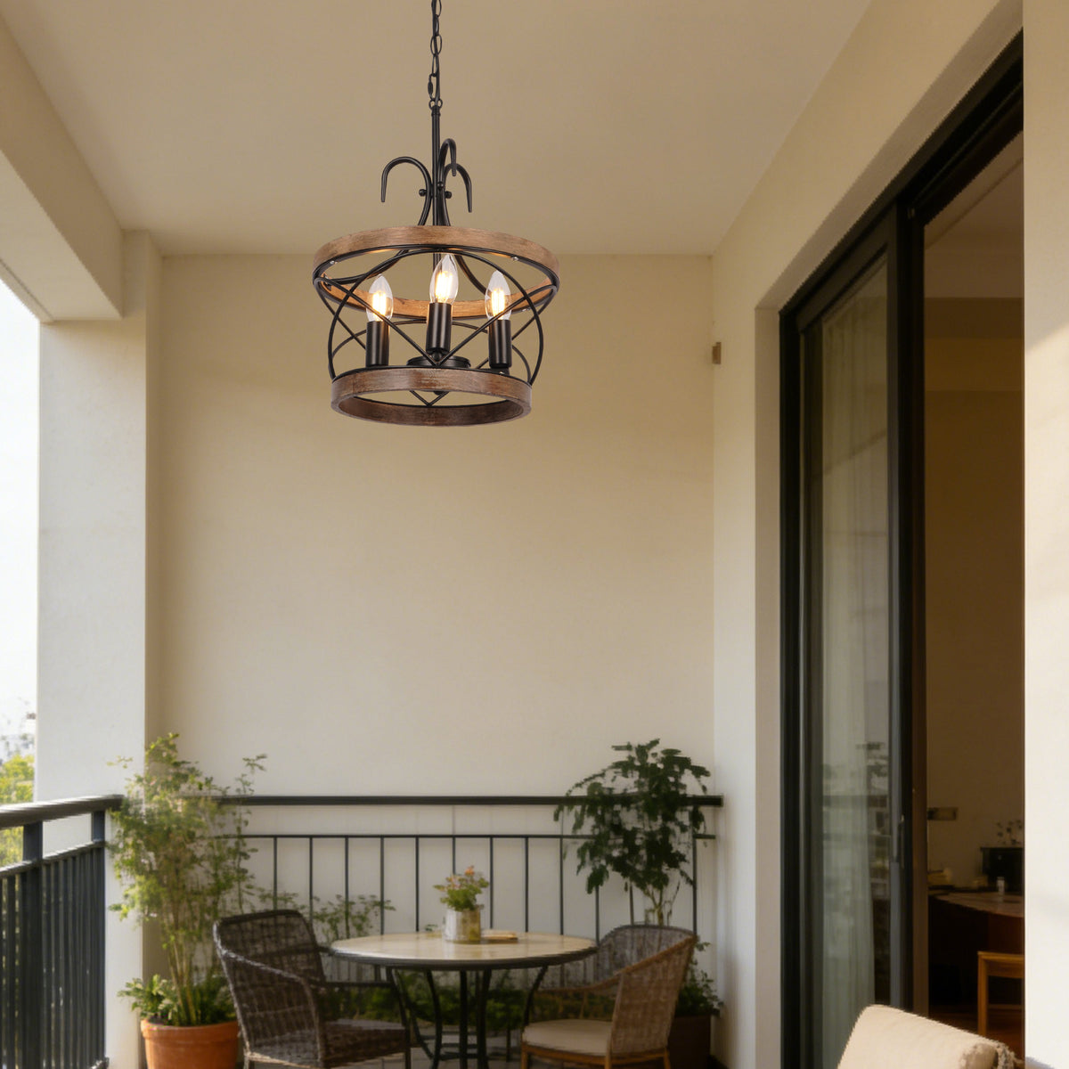 Rustic Farmhouse Wood Metal Chandelier | 3-Light E12 Adjustable Pendant Light