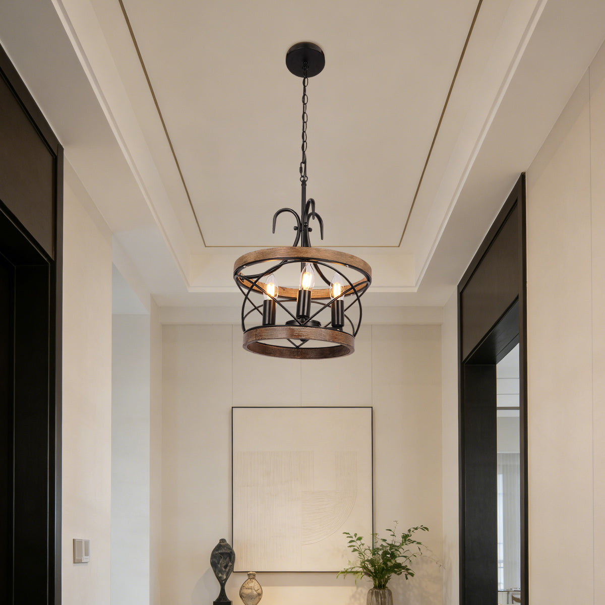 Rustic Farmhouse Wood Metal Chandelier | 3-Light E12 Adjustable Pendant Light