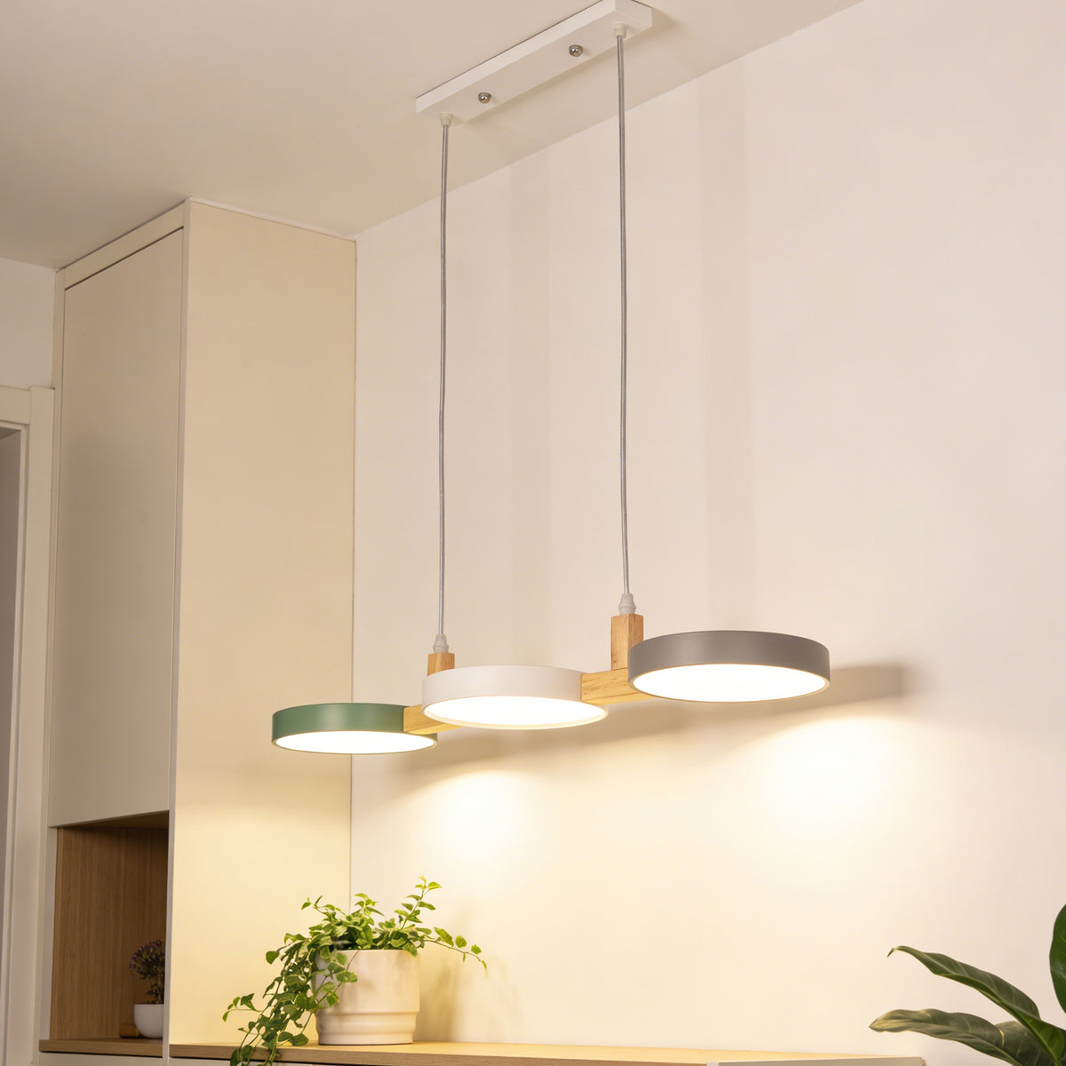Nordic 3-Light Wooden Pendant Light - Macaron Color Disc Ceiling Lamp