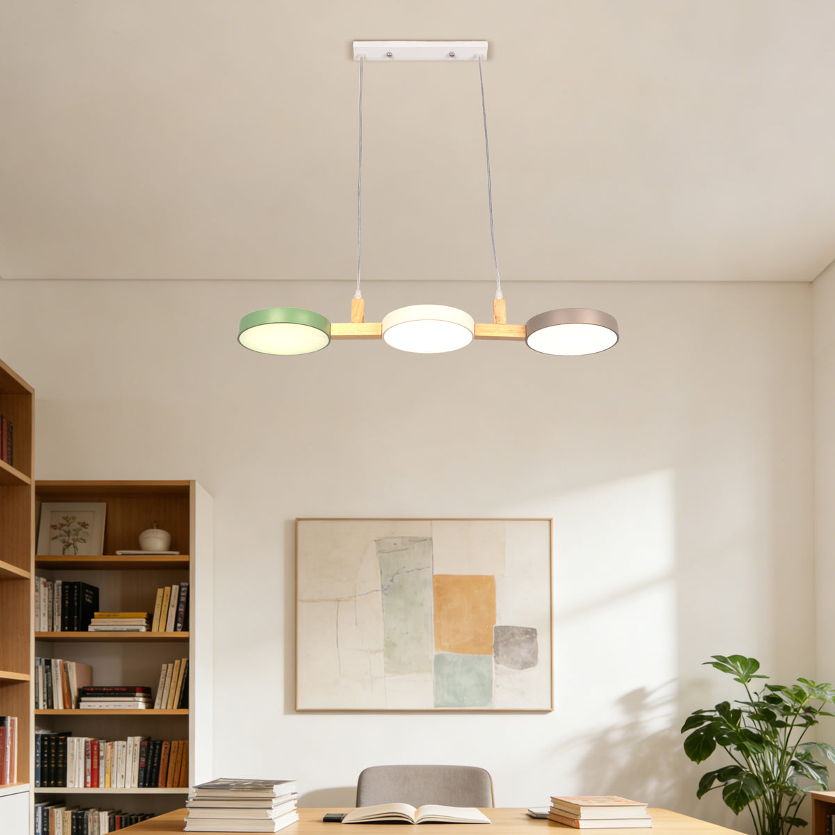 Nordic 3-Light Wooden Pendant Light - Macaron Color Disc Ceiling Lamp