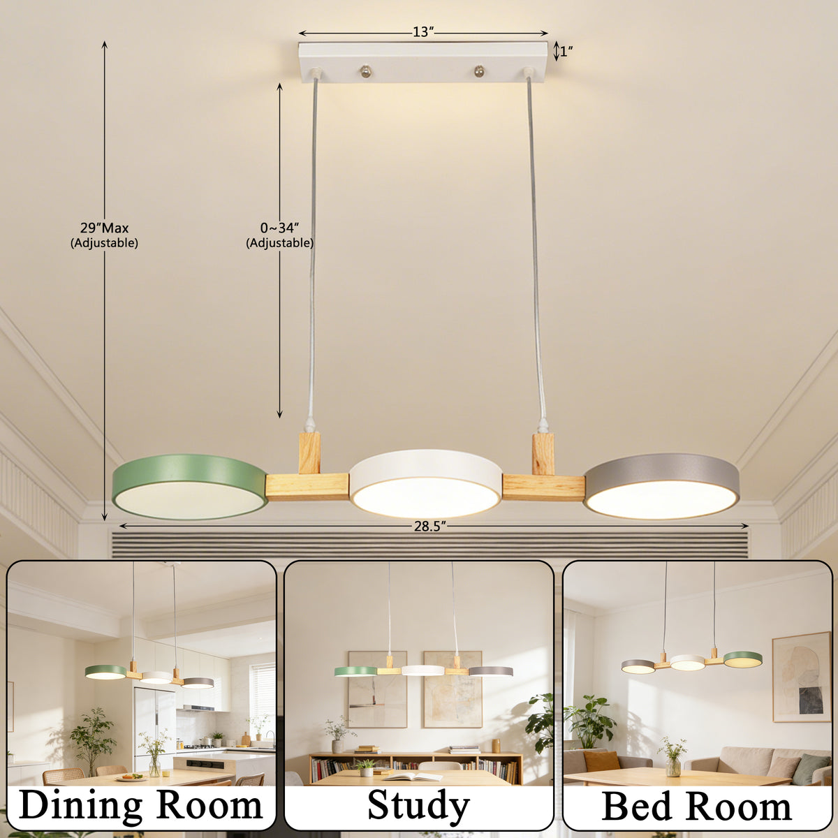 Nordic 3-Light Wooden Pendant Light - Macaron Color Disc Ceiling Lamp