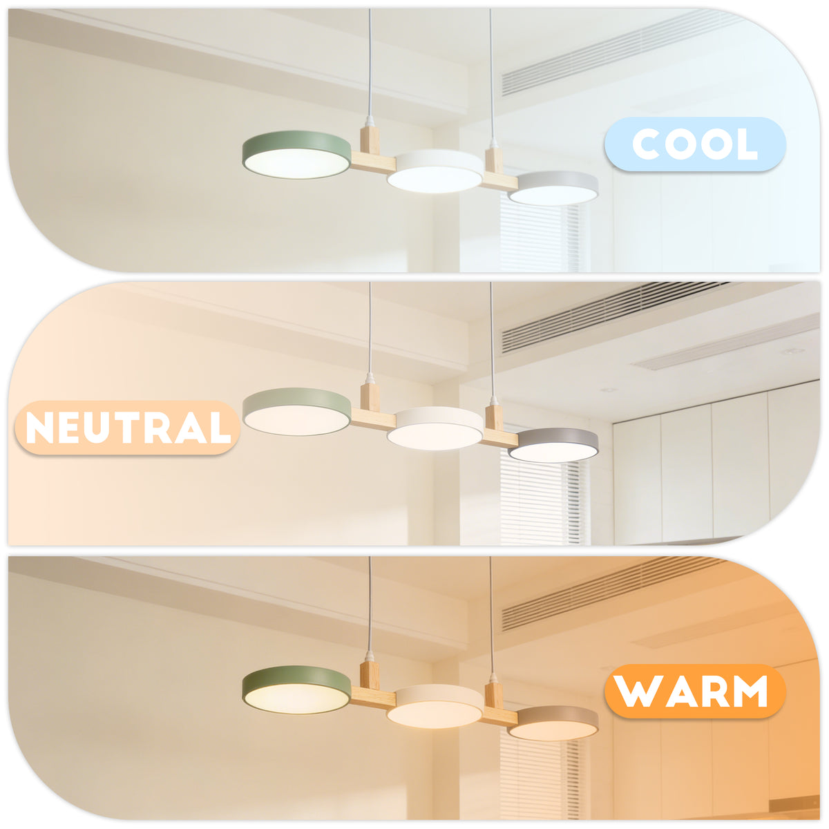 Nordic 3-Light Wooden Pendant Light - Macaron Color Disc Ceiling Lamp