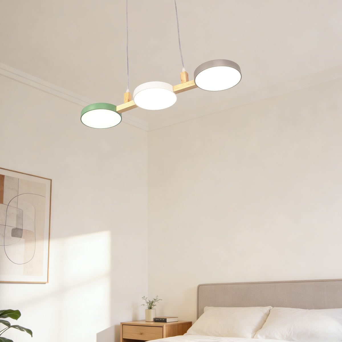 Nordic 3-Light Wooden Pendant Light - Macaron Color Disc Ceiling Lamp