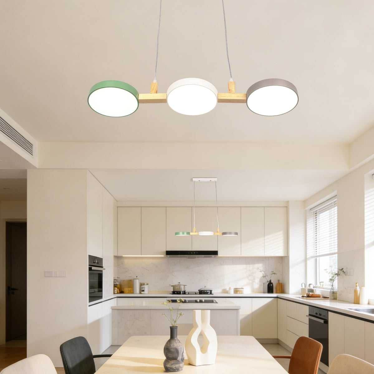 Nordic 3-Light Wooden Pendant Light - Macaron Color Disc Ceiling Lamp