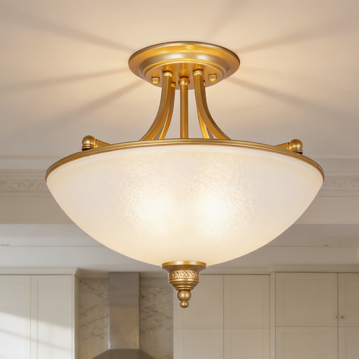 French Vintage Gold Semi-Flush Mount Ceiling Light - Frosted Glass Bowl Lamp