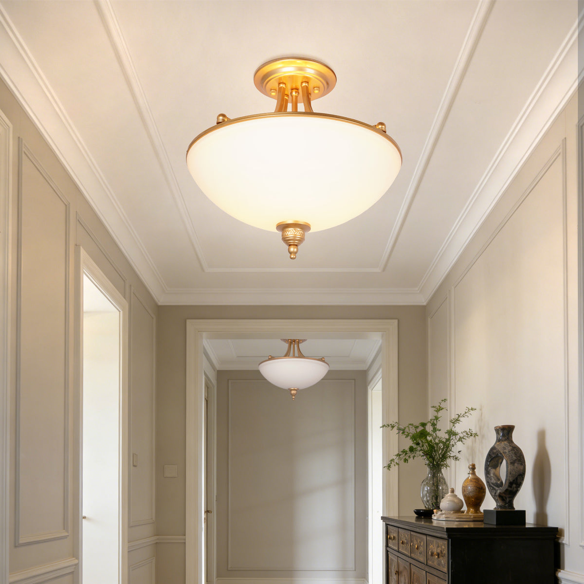 French Vintage Gold Semi-Flush Mount Ceiling Light - Frosted Glass Bowl Lamp