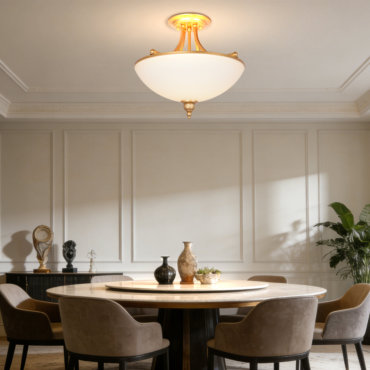 French Vintage Gold Semi-Flush Mount Ceiling Light - Frosted Glass Bowl Lamp