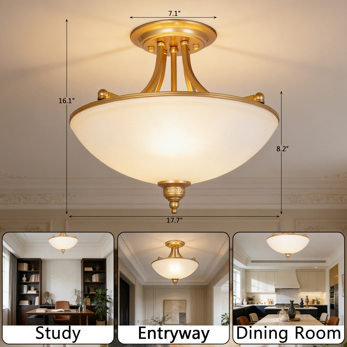 French Vintage Gold Semi-Flush Mount Ceiling Light - Frosted Glass Bowl Lamp