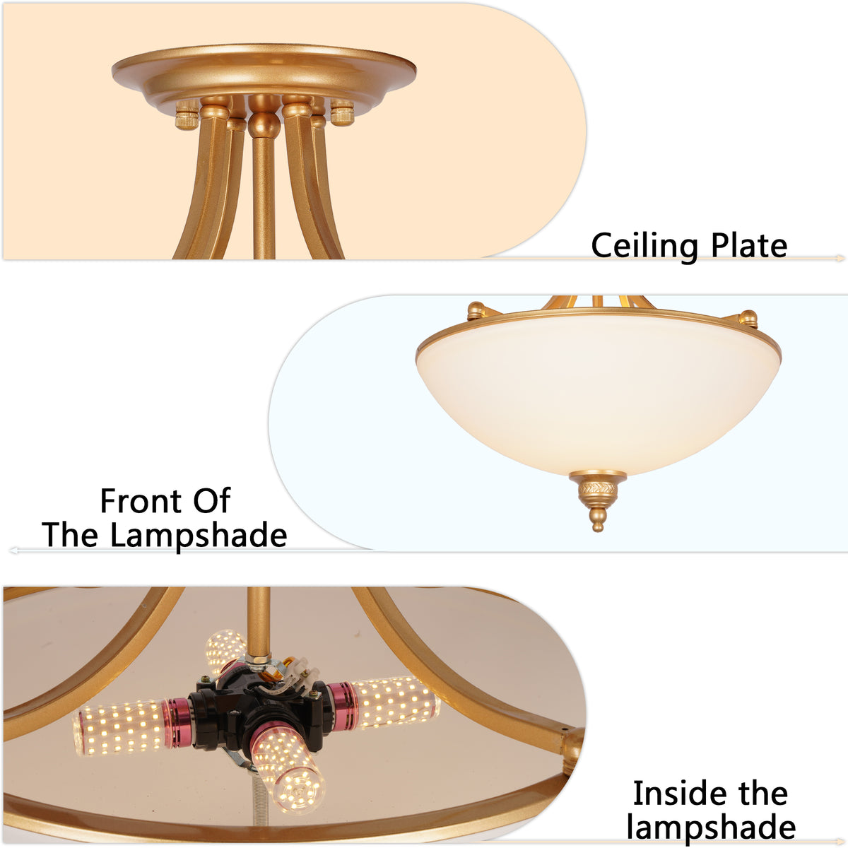 French Vintage Gold Semi-Flush Mount Ceiling Light - Frosted Glass Bowl Lamp