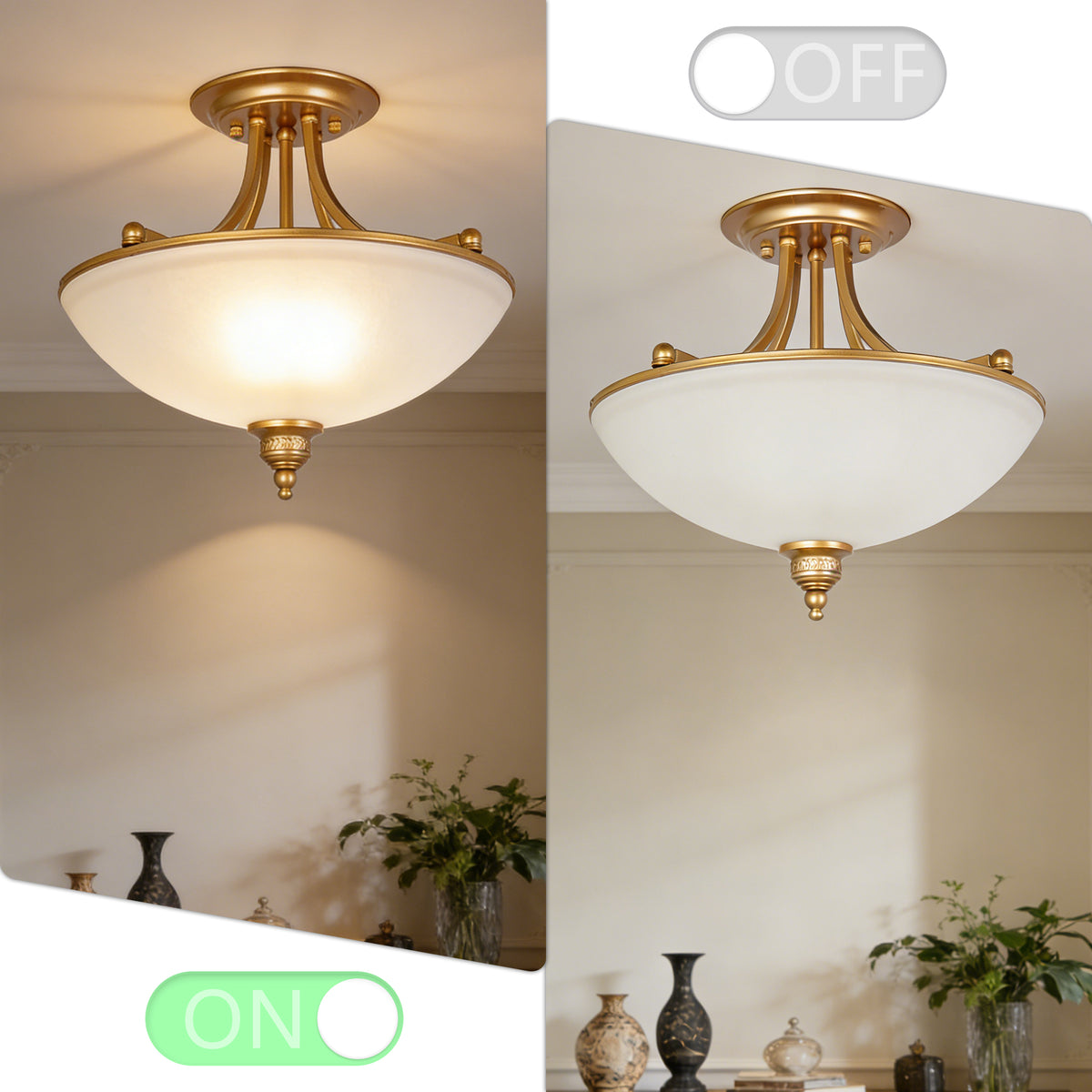 French Vintage Gold Semi-Flush Mount Ceiling Light - Frosted Glass Bowl Lamp