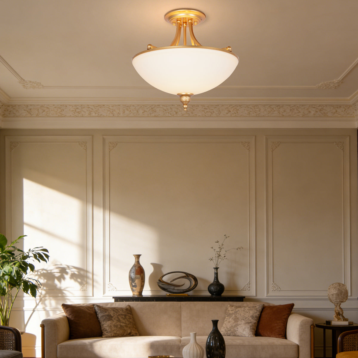 French Vintage Gold Semi-Flush Mount Ceiling Light - Frosted Glass Bowl Lamp