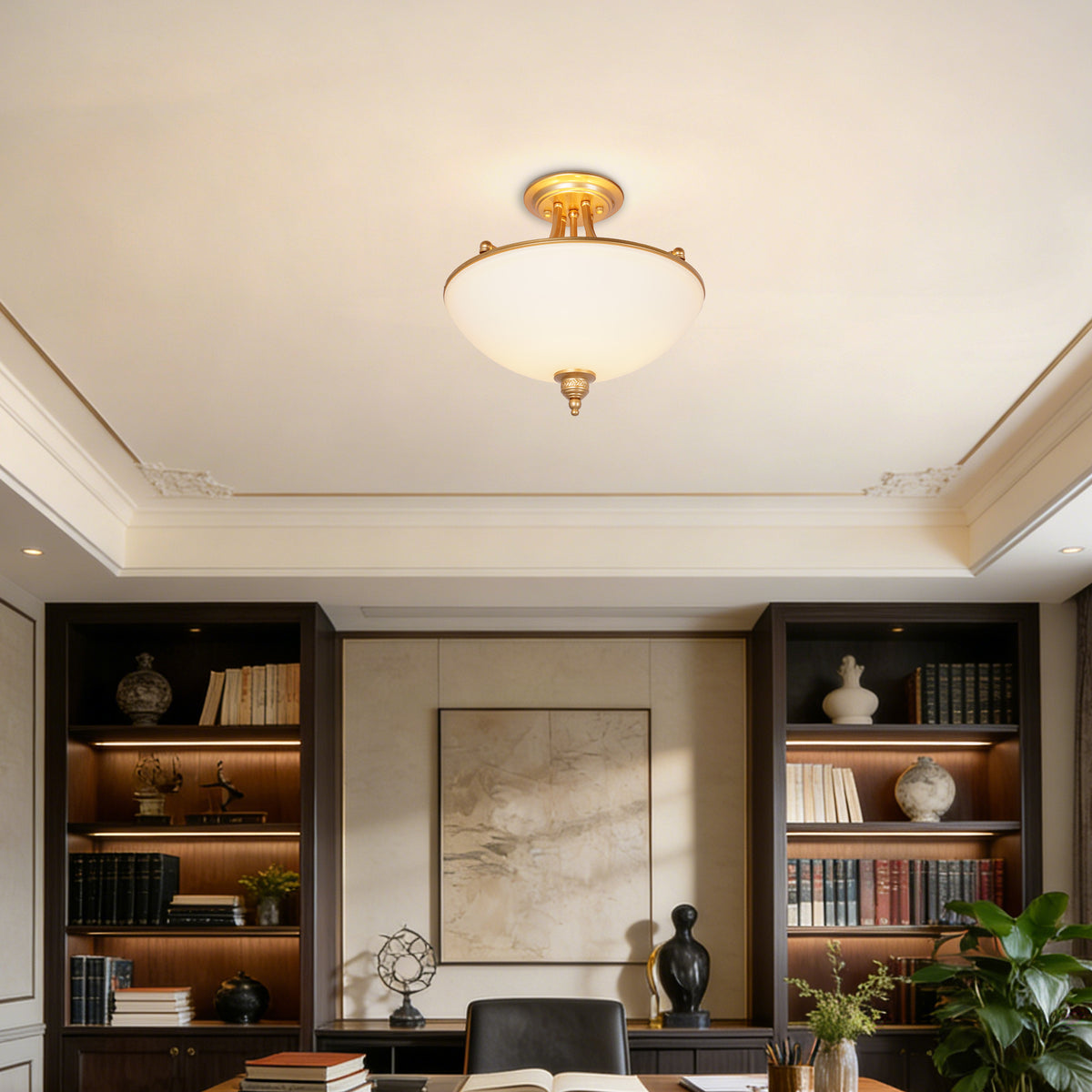 French Vintage Gold Semi-Flush Mount Ceiling Light - Frosted Glass Bowl Lamp