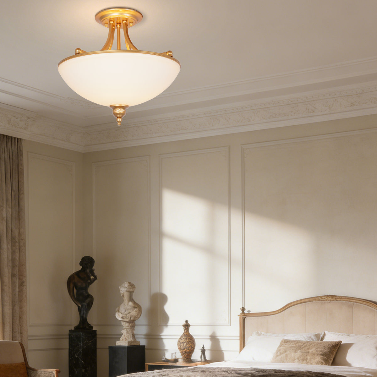 French Vintage Gold Semi-Flush Mount Ceiling Light - Frosted Glass Bowl Lamp