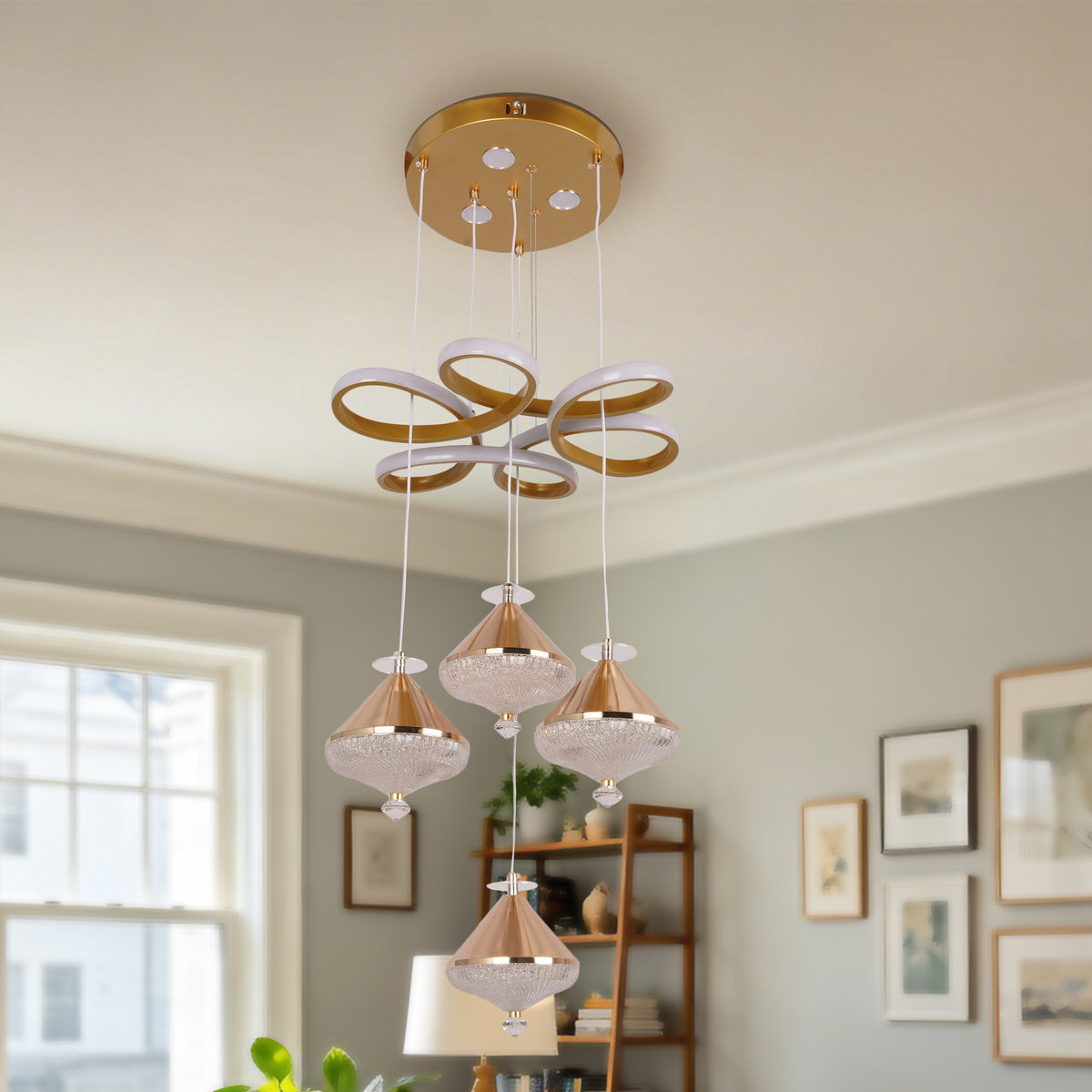 Dimmable 3-Color Gold LED Crystal Chandelier | Modern Luxury Adjustable Height Pendant Light