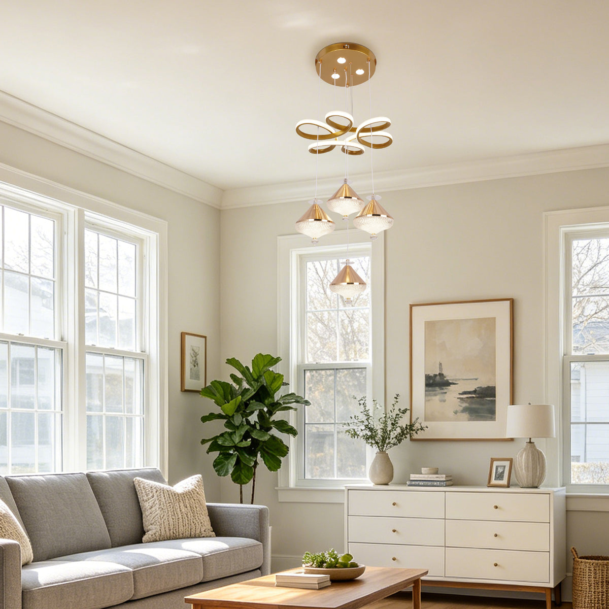 Dimmable 3-Color Gold LED Crystal Chandelier | Modern Luxury Adjustable Height Pendant Light