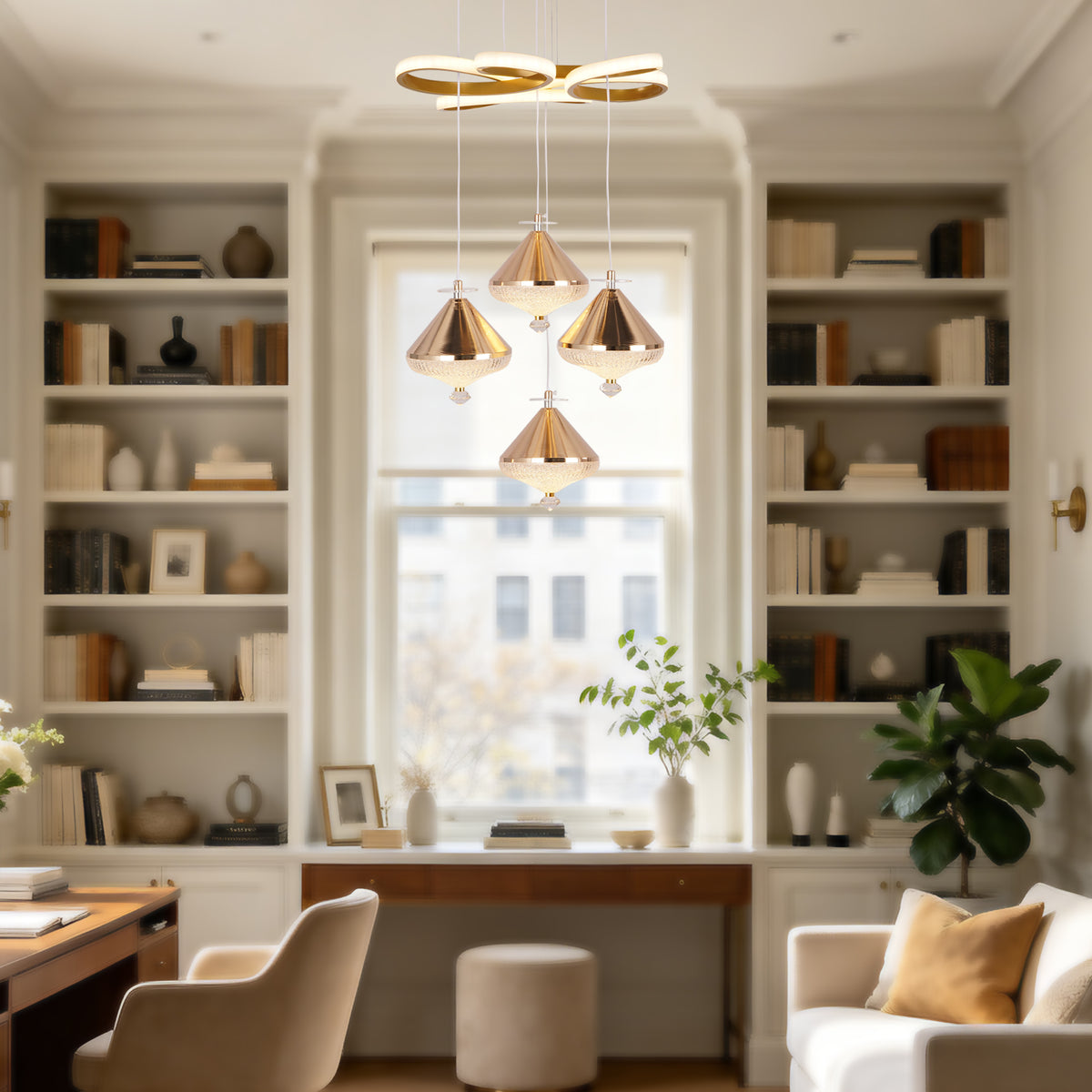 Dimmable 3-Color Gold LED Crystal Chandelier | Modern Luxury Adjustable Height Pendant Light