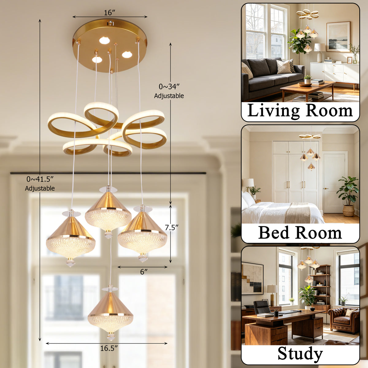 Dimmable 3-Color Gold LED Crystal Chandelier | Modern Luxury Adjustable Height Pendant Light