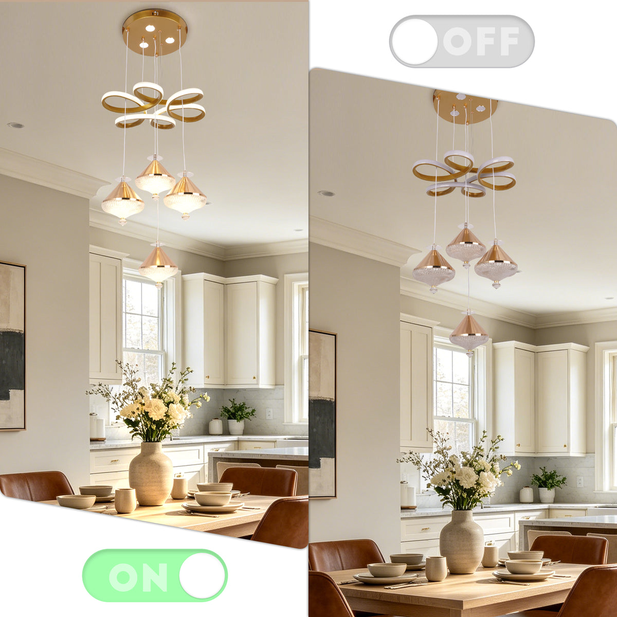 Dimmable 3-Color Gold LED Crystal Chandelier | Modern Luxury Adjustable Height Pendant Light