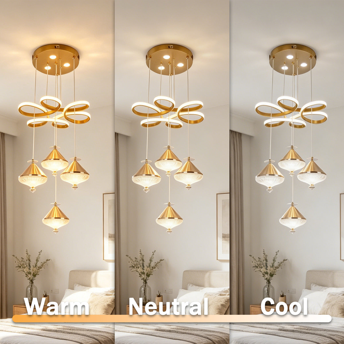 Dimmable 3-Color Gold LED Crystal Chandelier | Modern Luxury Adjustable Height Pendant Light