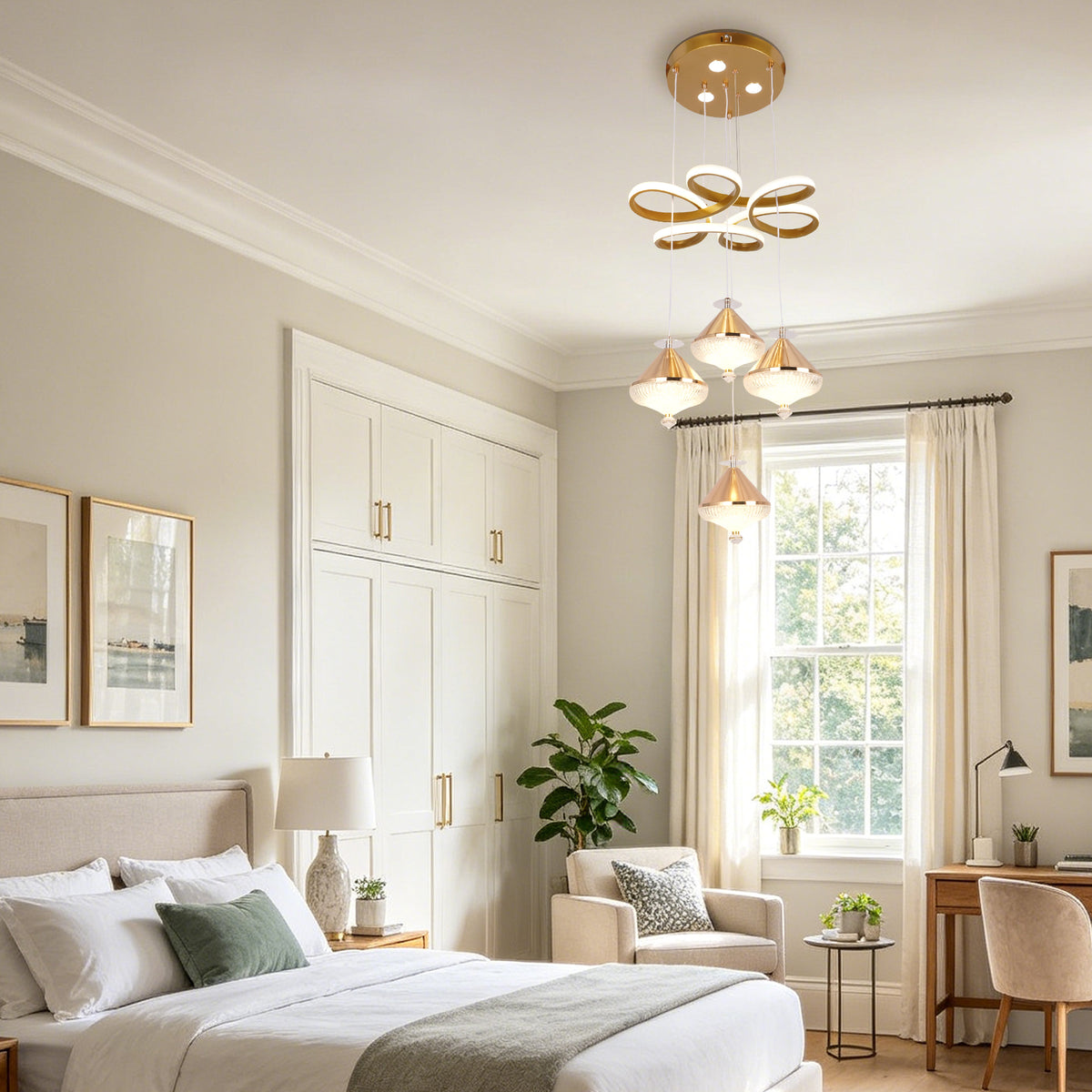 Dimmable 3-Color Gold LED Crystal Chandelier | Modern Luxury Adjustable Height Pendant Light