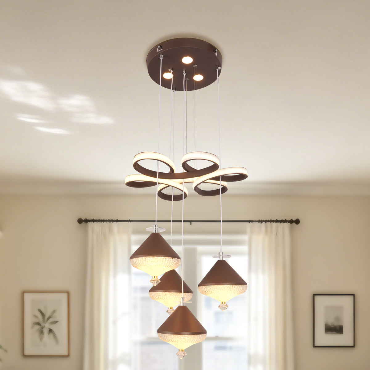 Dimmable 3-Color Brown LED Crystal Chandelier | Modern Luxury Adjustable Height Pendant Light