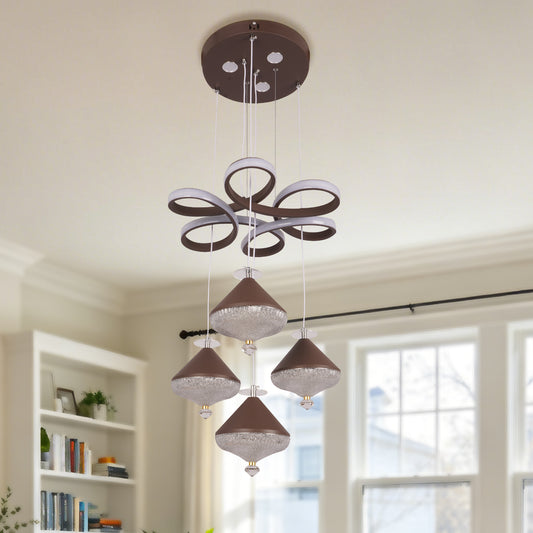 Dimmable 3-Color Brown LED Crystal Chandelier | Modern Luxury Adjustable Height Pendant Light