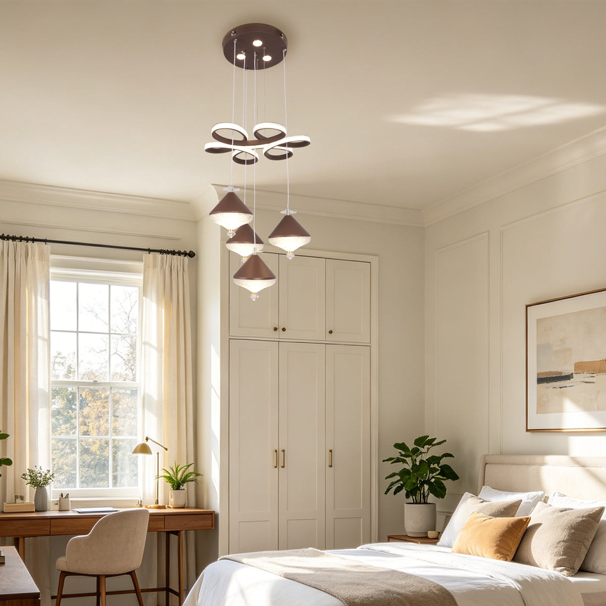 Dimmable 3-Color Brown LED Crystal Chandelier | Modern Luxury Adjustable Height Pendant Light