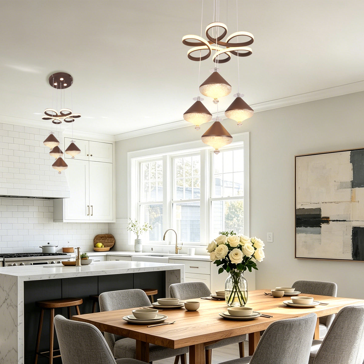 Dimmable 3-Color Brown LED Crystal Chandelier | Modern Luxury Adjustable Height Pendant Light
