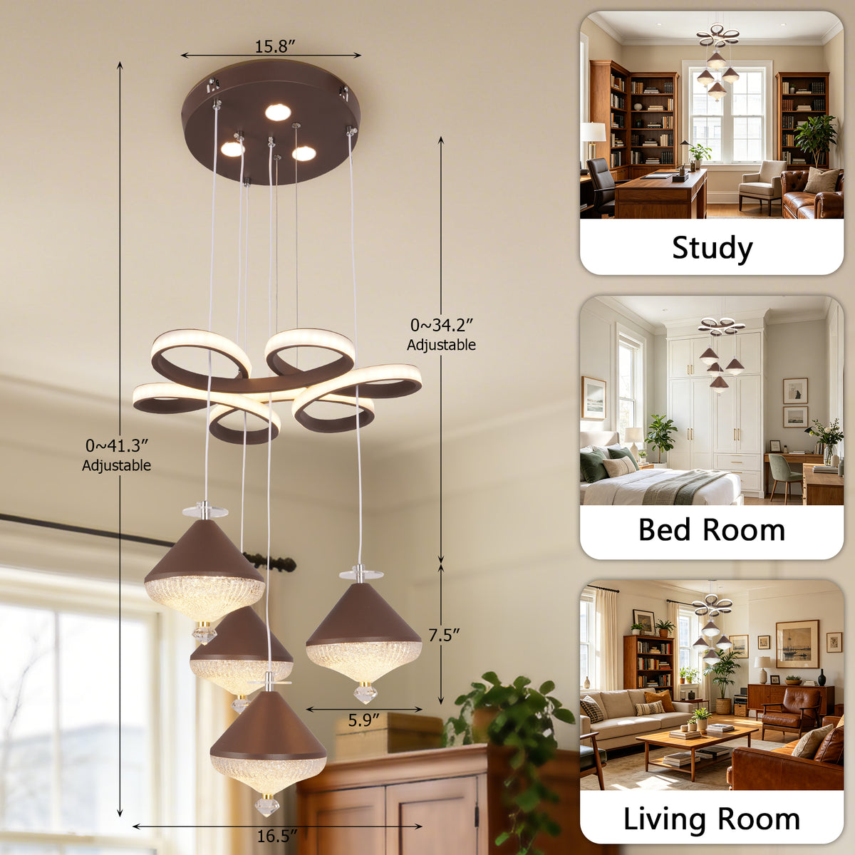 Dimmable 3-Color Brown LED Crystal Chandelier | Modern Luxury Adjustable Height Pendant Light