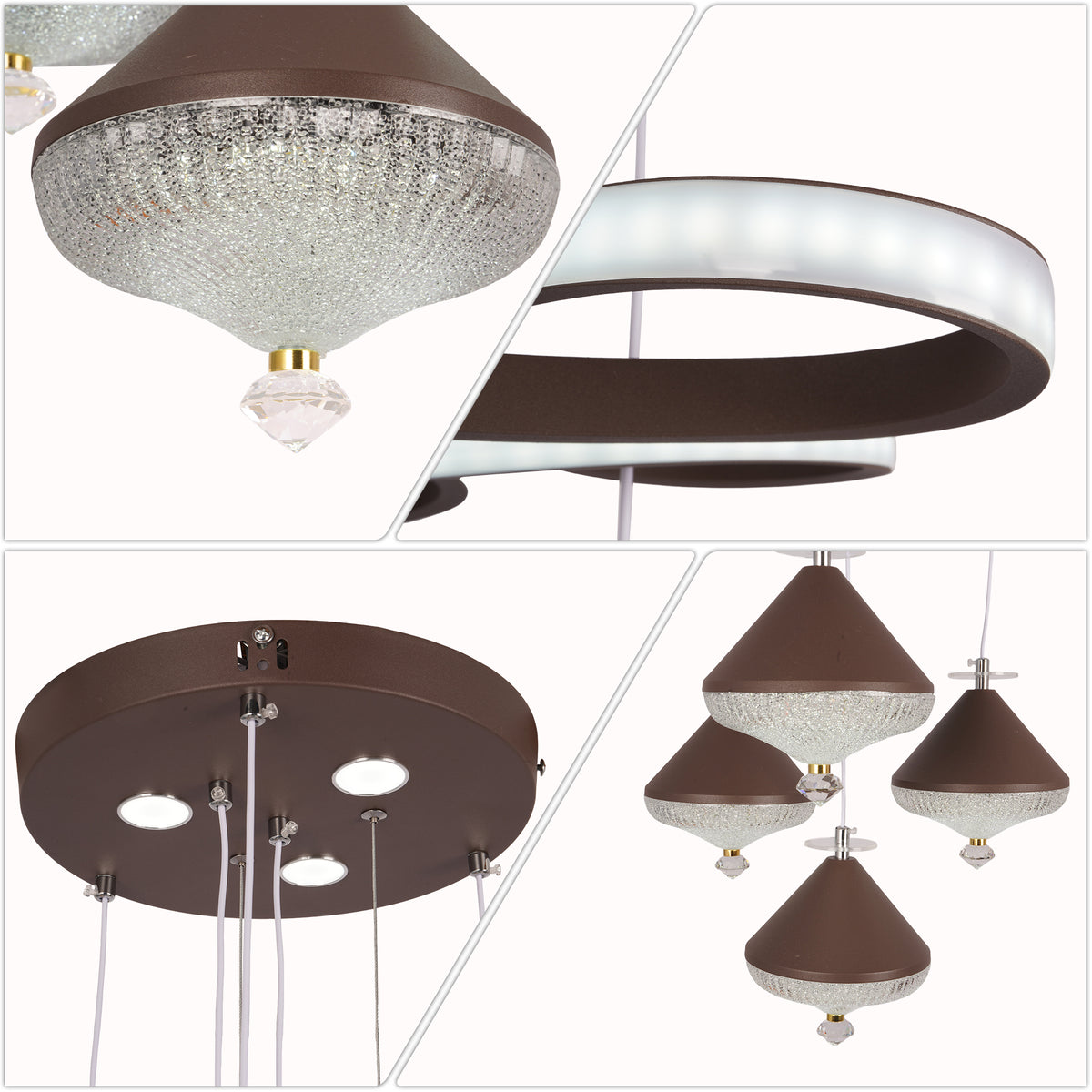 Dimmable 3-Color Brown LED Crystal Chandelier | Modern Luxury Adjustable Height Pendant Light