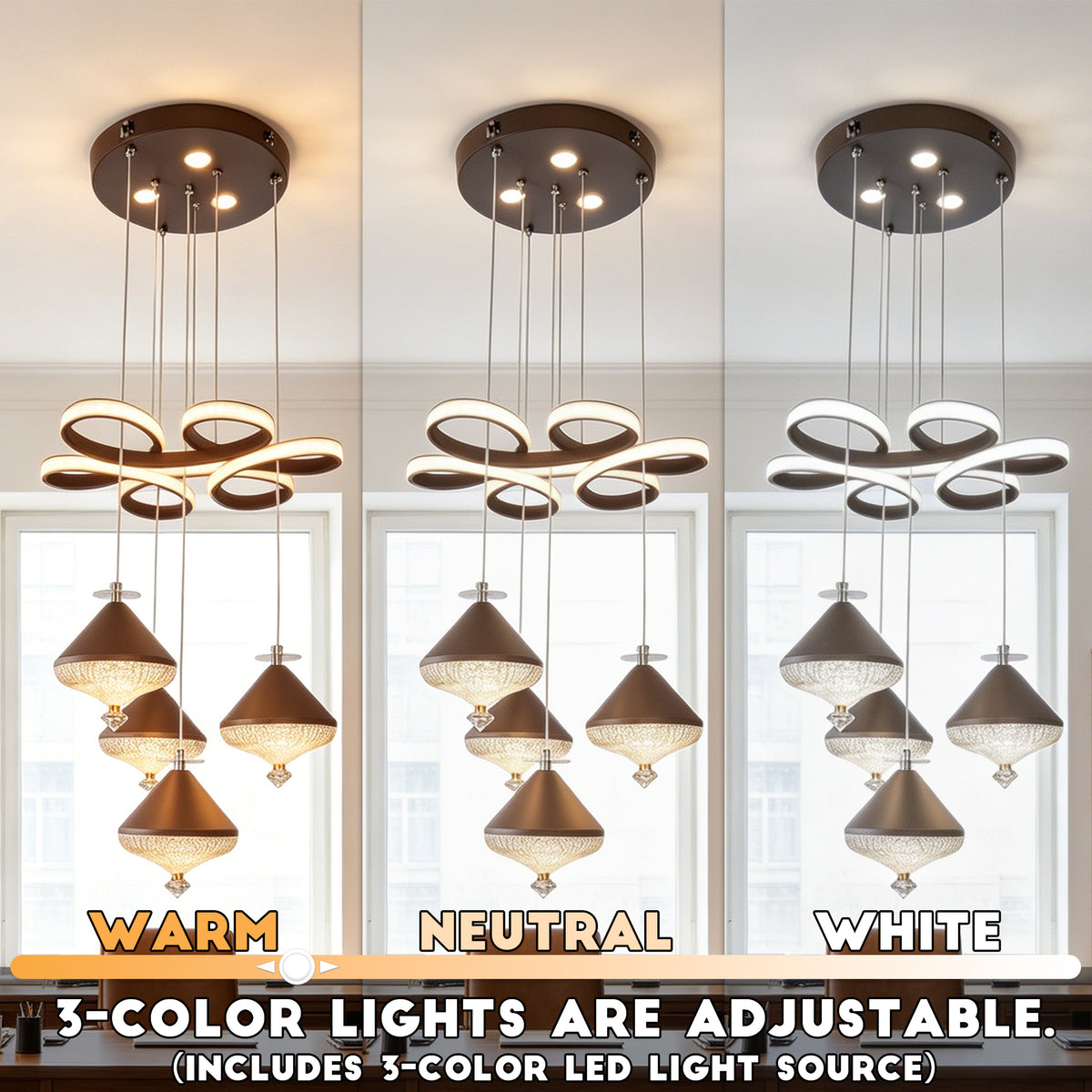 Dimmable 3-Color Brown LED Crystal Chandelier | Modern Luxury Adjustable Height Pendant Light