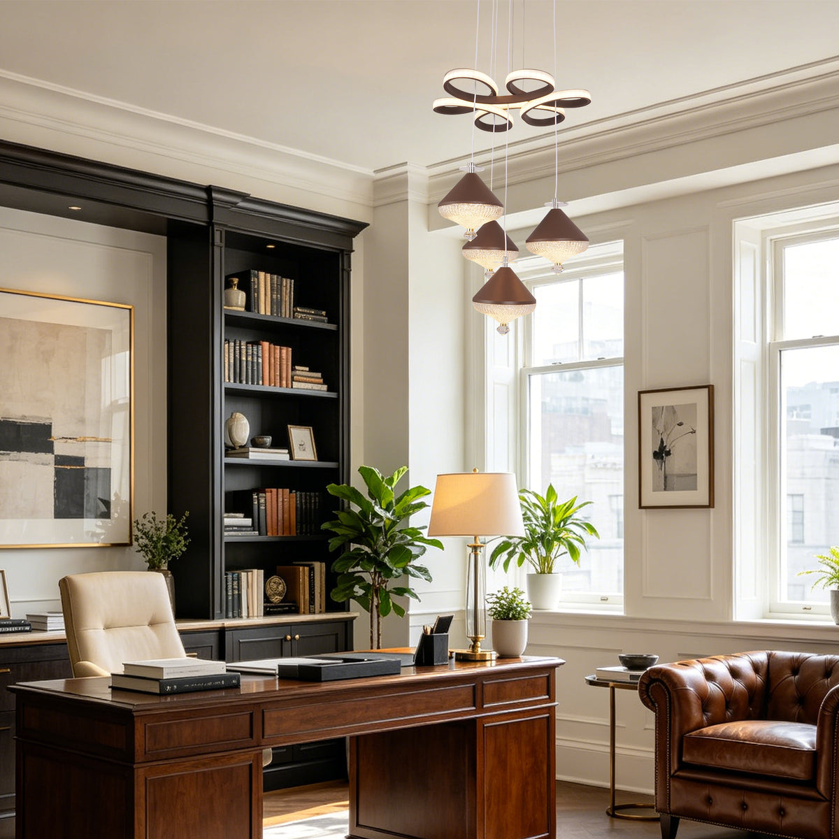 Dimmable 3-Color Brown LED Crystal Chandelier | Modern Luxury Adjustable Height Pendant Light