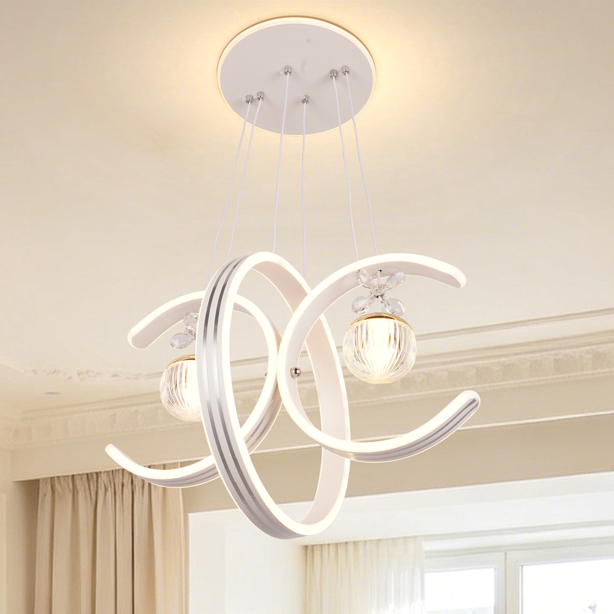 Dimmable 3-Color White Modern LED Chandelier | Luxury Crystal Glass Pendant Light