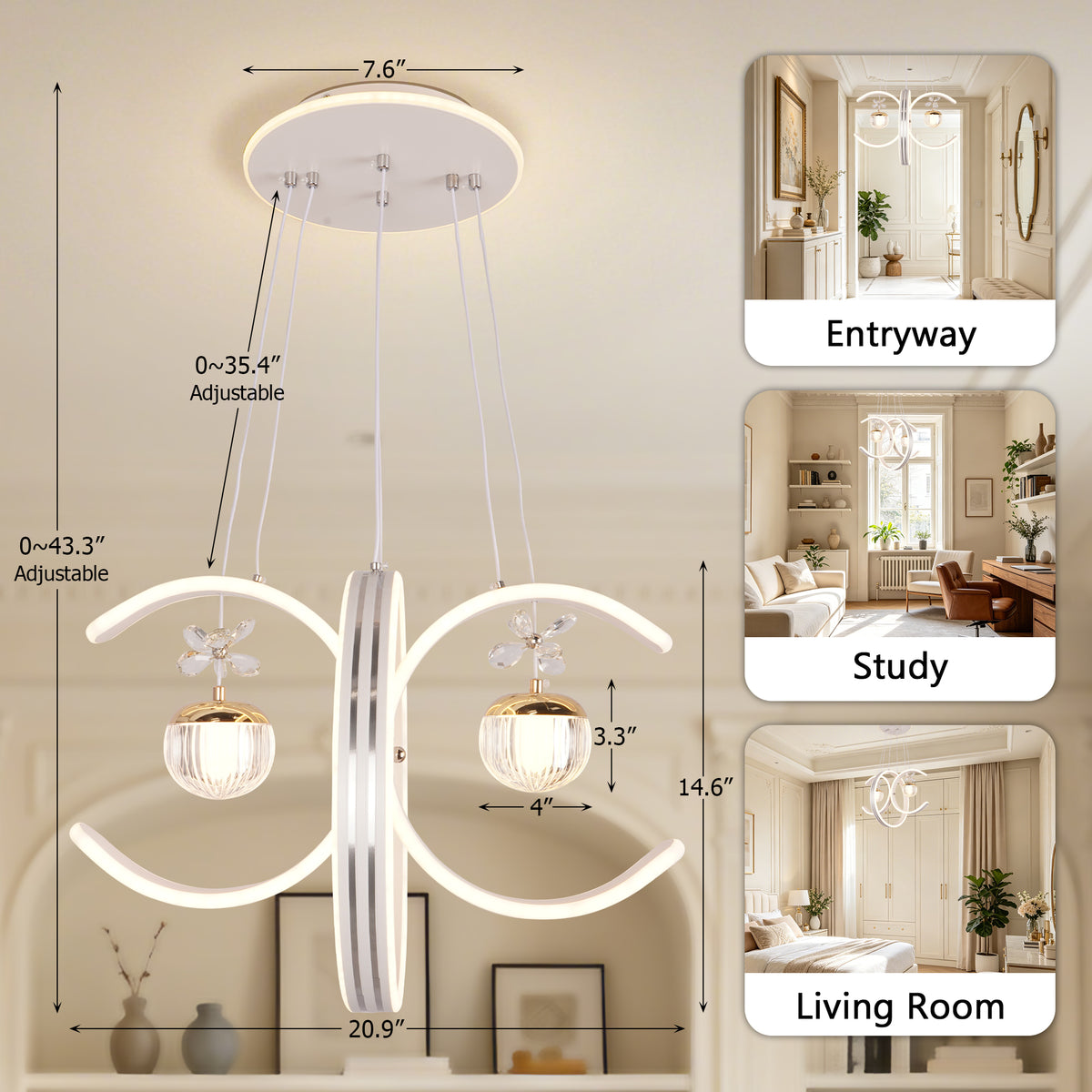 Dimmable 3-Color White Modern LED Chandelier | Luxury Crystal Glass Pendant Light