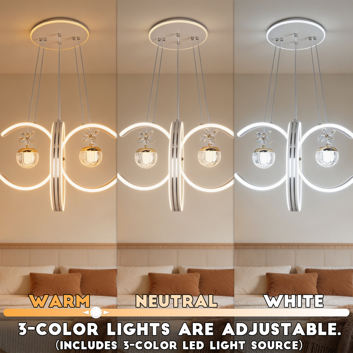 Dimmable 3-Color White Modern LED Chandelier | Luxury Crystal Glass Pendant Light