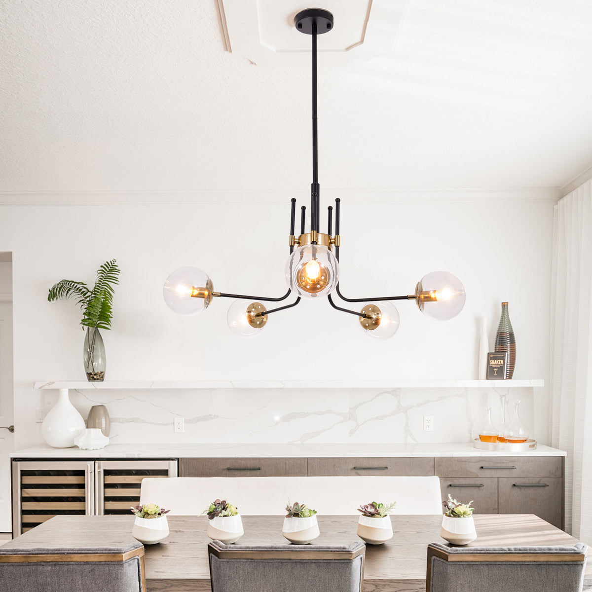 6-Light Industrial Pendant Sputnik Chandelier in Black Finish and Smoked Grey Glass DS-DY76