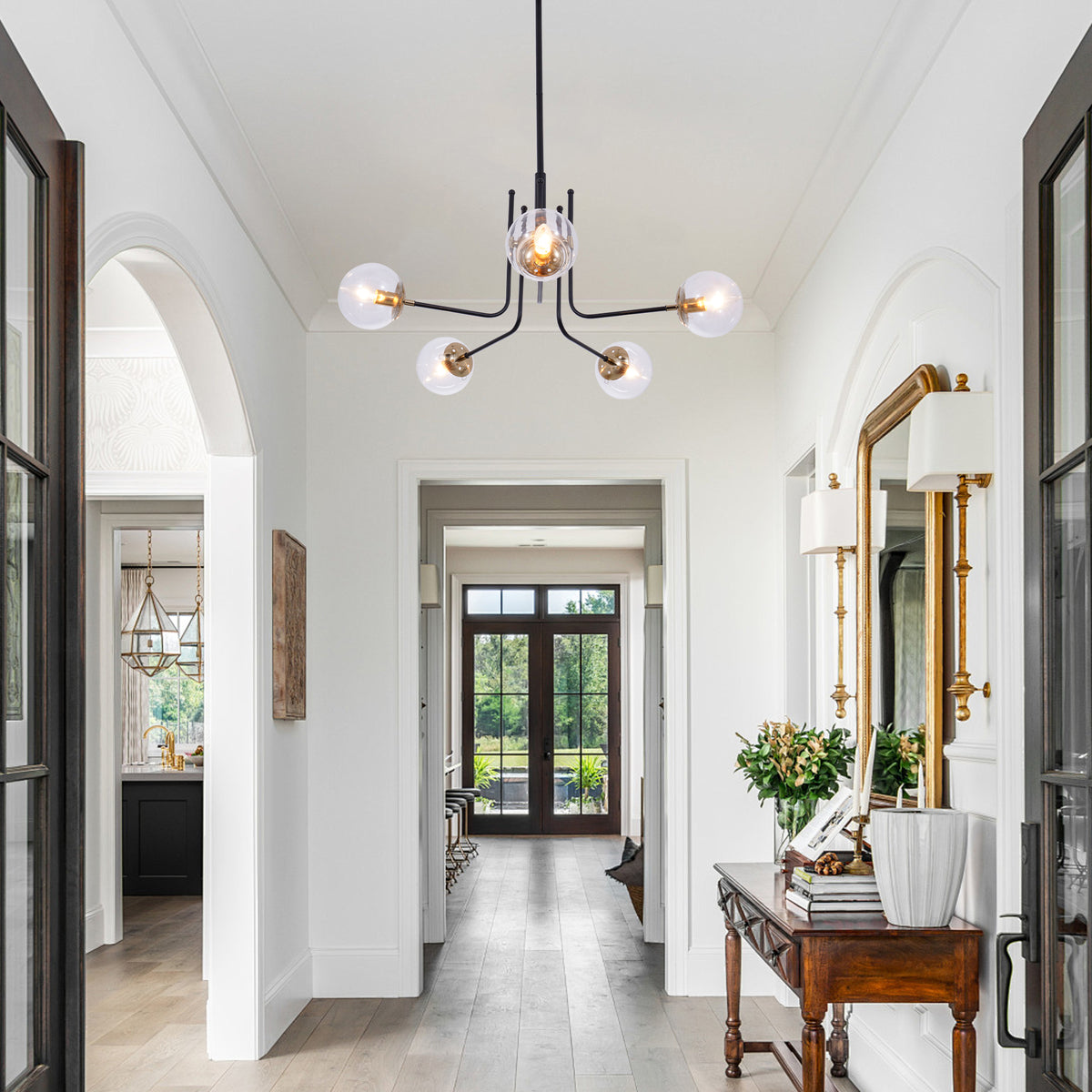 6-Light Industrial Pendant Sputnik Chandelier in Black Finish and Smoked Grey Glass DS-DY76