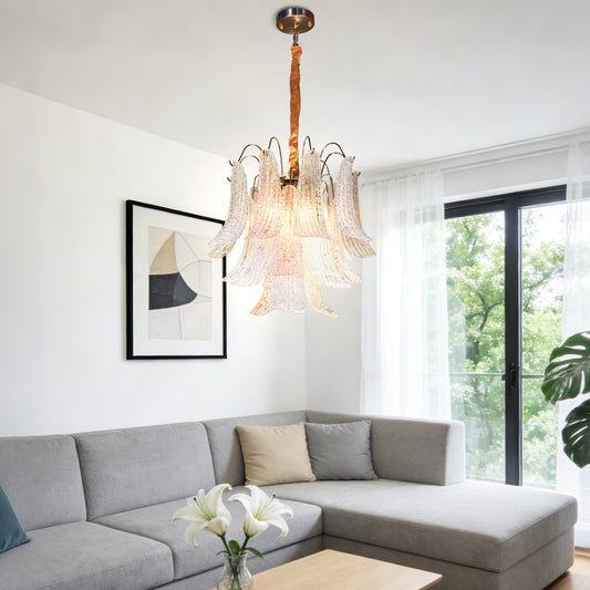 19.7" Multicolor Glass 5-Light Chandelier, Gold and Copper-Tone Frame, Adjustable Chain, E12 3-Color Bulbs Included