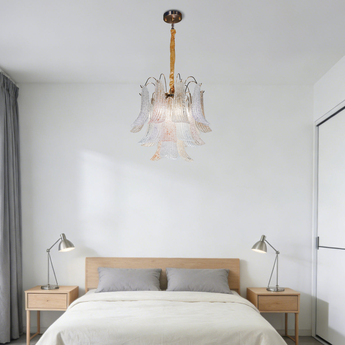 19.7" Multicolor Glass 5-Light Chandelier, Gold and Copper-Tone Frame, Adjustable Chain, E12 3-Color Bulbs Included