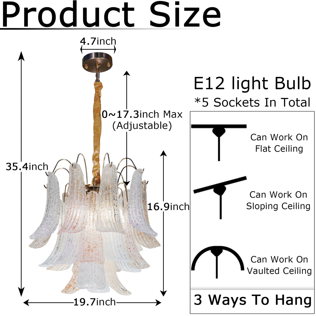 19.7" Multicolor Glass 5-Light Chandelier, Gold and Copper-Tone Frame, Adjustable Chain, E12 3-Color Bulbs Included