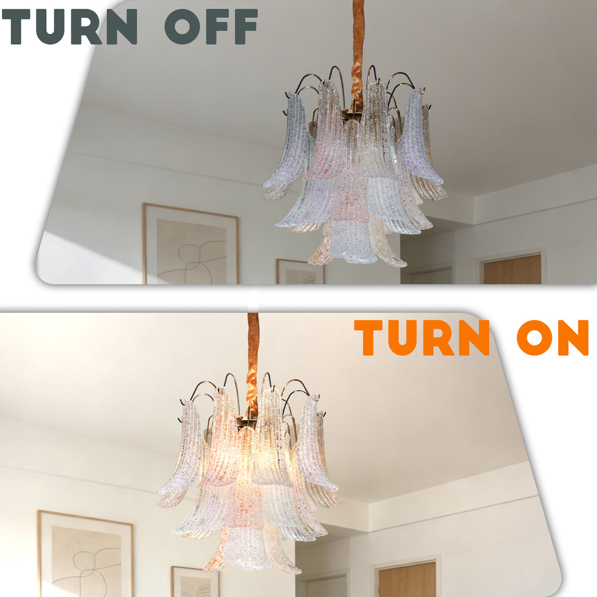 19.7" Multicolor Glass 5-Light Chandelier, Gold and Copper-Tone Frame, Adjustable Chain, E12 3-Color Bulbs Included