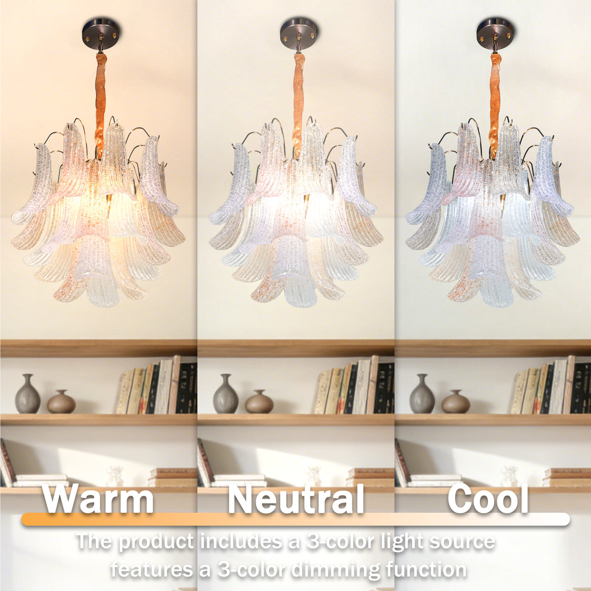 19.7" Multicolor Glass 5-Light Chandelier, Gold and Copper-Tone Frame, Adjustable Chain, E12 3-Color Bulbs Included