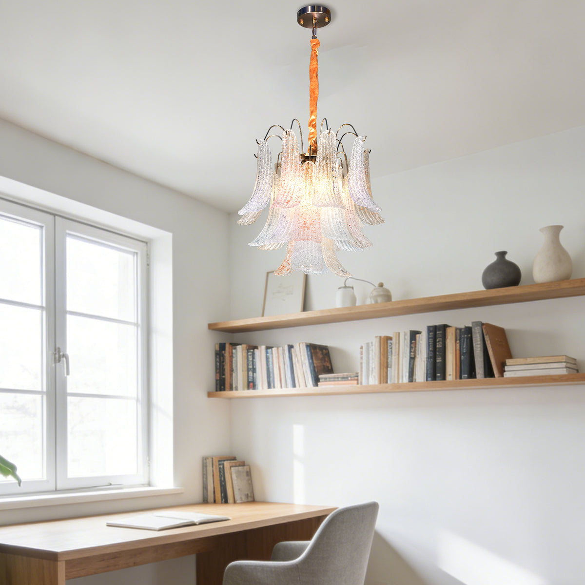 19.7" Multicolor Glass 5-Light Chandelier, Gold and Copper-Tone Frame, Adjustable Chain, E12 3-Color Bulbs Included